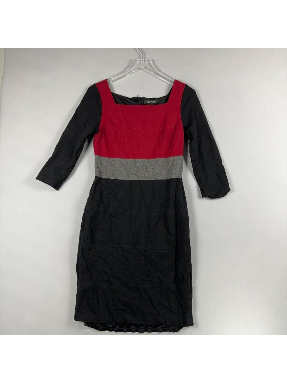 White House Black Market Sheath Dress Size 8 Colorblock 3/4 Sleeve Black Red Gra